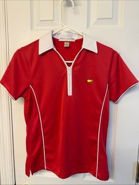 Vintage Masters Collection Red Short-Sleeve Zip Front Polo Shirt, White Piping